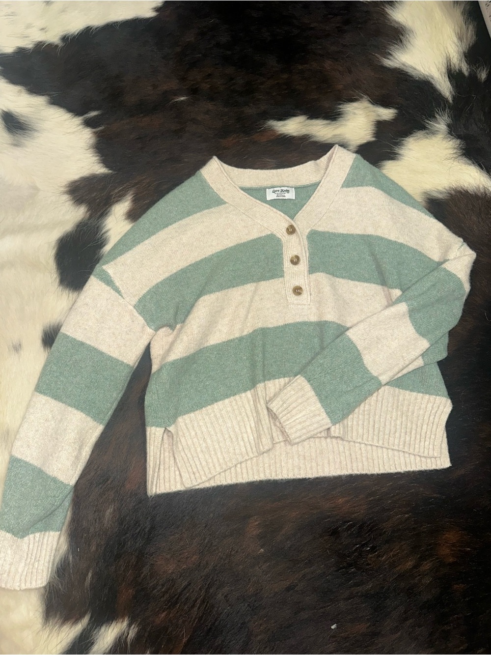 Striped Henley Sweater in Sage and Cream - Women's Sweater